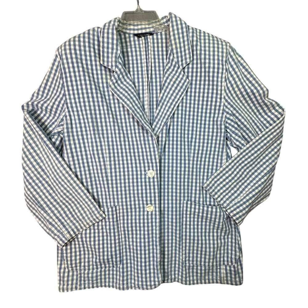 Ashleigh Morgan Vintage Sport Gingham Blazer Blue Preppy Cotton Jacket Large
